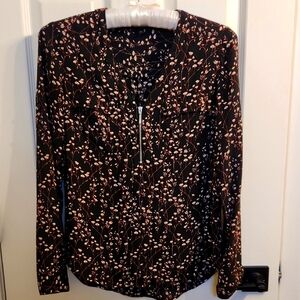 Express Black and Gold Long Sleeve Blouse with Mandarin Collar